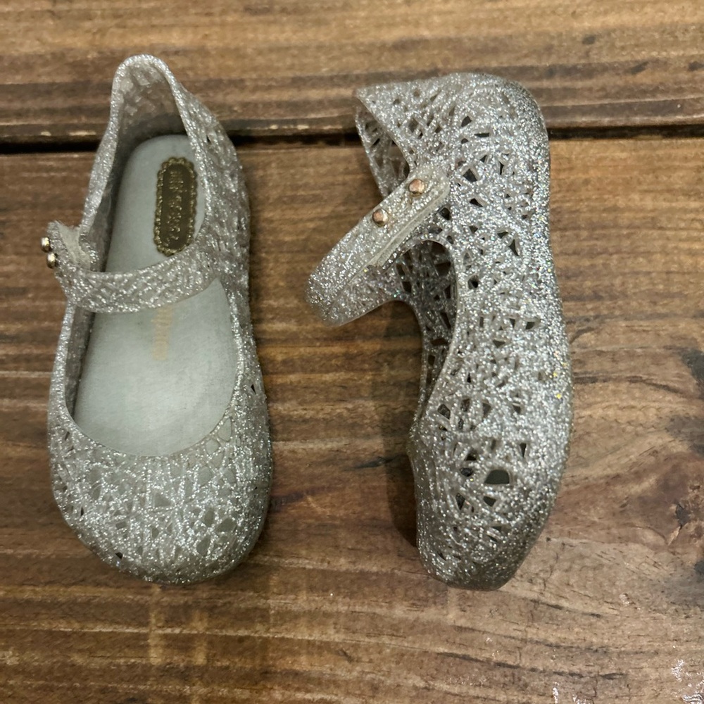 Mini Melissa x Campana Silver Glitter Mary Jane Sandals w/ Lattice Design Size 7